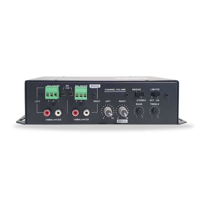 Ampli-préampli stéréo mini, classe D 2x20 W 2 in/out - 4/8Ohms - 24 V Rondson