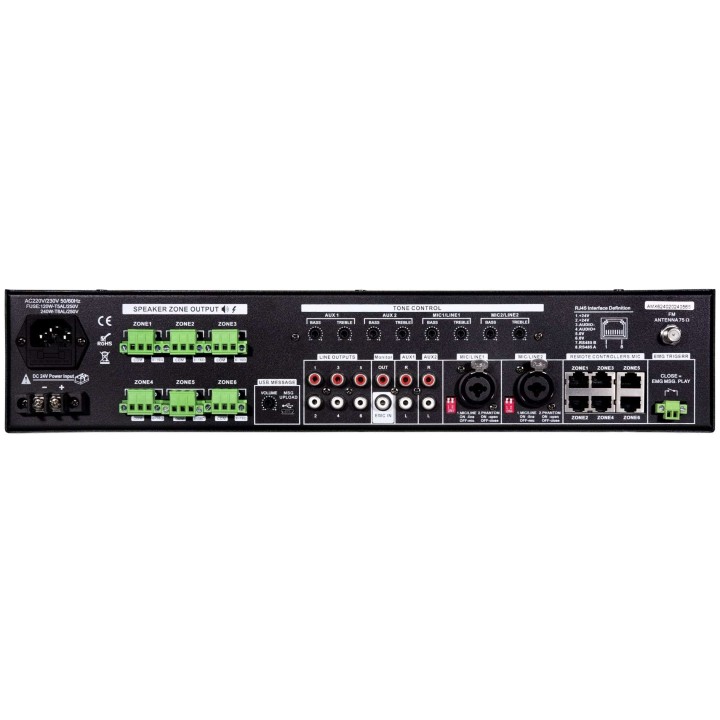 Amplificateur - mélangeur, 6 X 120 W, 19p avec 24V et music cut Rondson