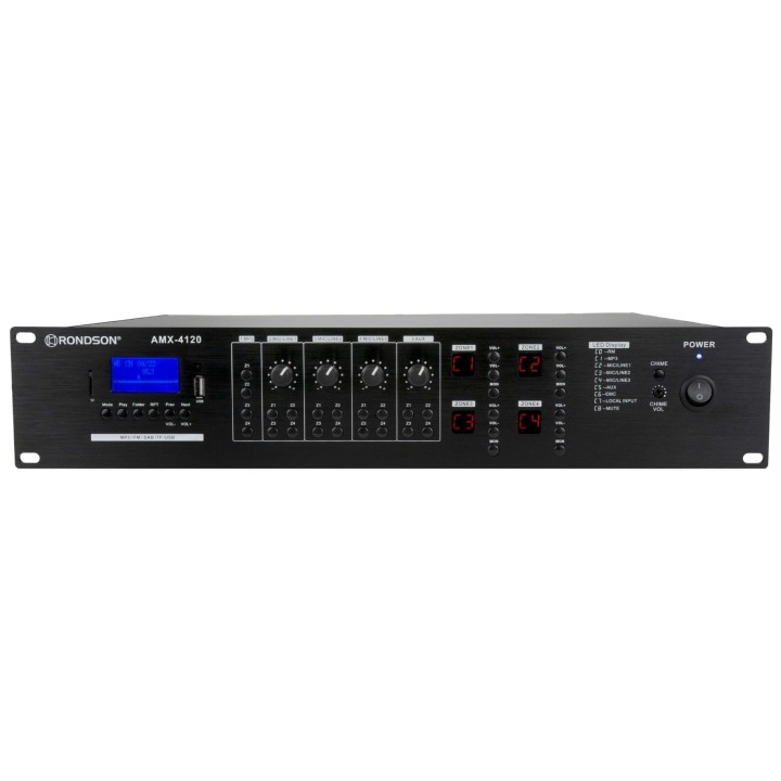 Ampli-préampli 5 entrées 4 x 120 W - 4-8 Ohms - 70/100V - 230V Rondson