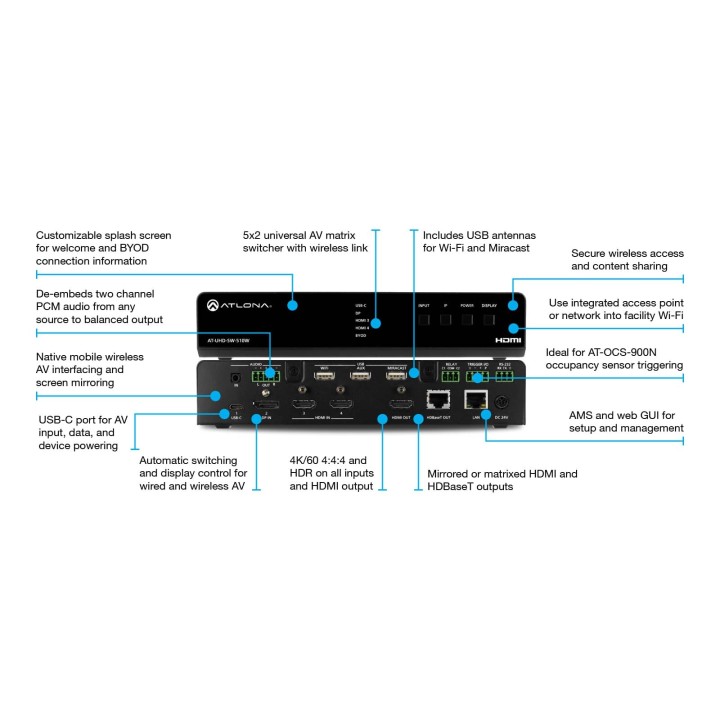 Commutateur universel Atlona AT-UHD-SW-510W | 5 entrées | présentation sans fil Atlona