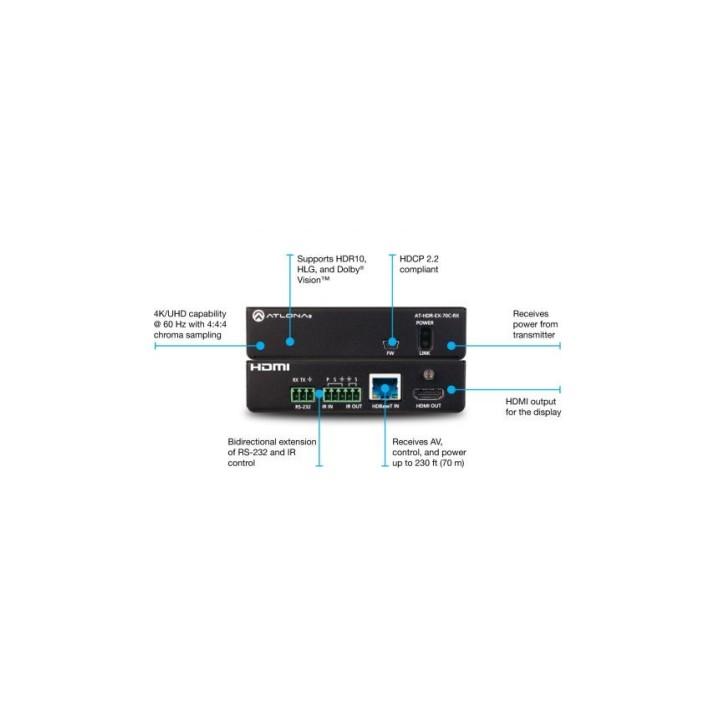 Récepteur HDR Atlona AT-HDR-EX-70C-RX | 4K | IR, RS-232, PoE, 70m Atlona