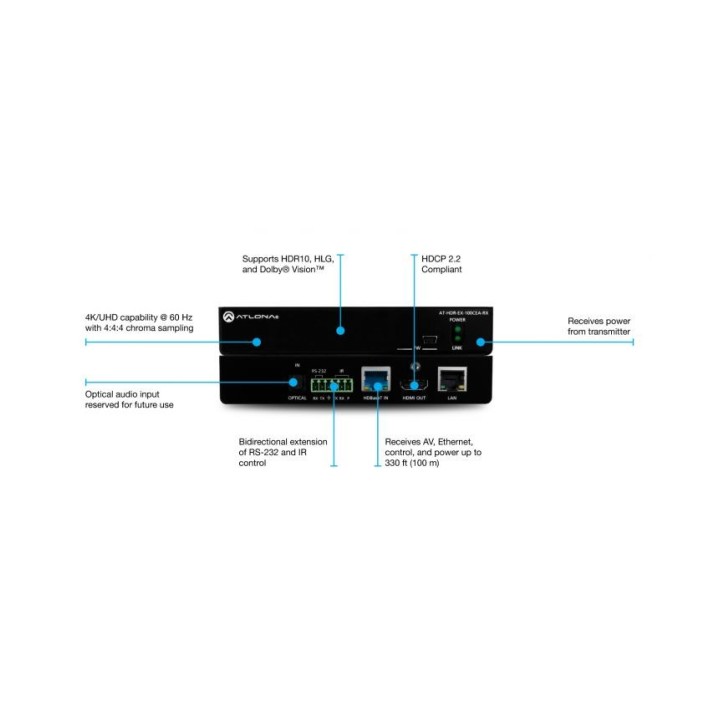 Récepteur HDR Atlona AT-HDR-EX-100CEARX | 4K | IR, RS-232, Ethernet, PoE Atlona