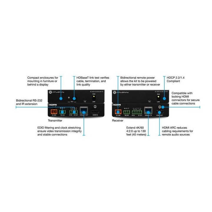 Kit émetteur/récepteur Atlona AT-AVA-EX70C-BP-K | HDMI 4K/UHD | RS+IR+Alimentation Atlona