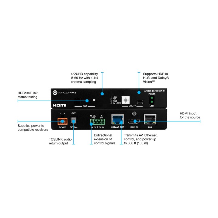 Émetteur HDR Atlona AT-HDR-EX-100CEATX | 4K | IR, RS-232, Ethernet, PoE Atlona