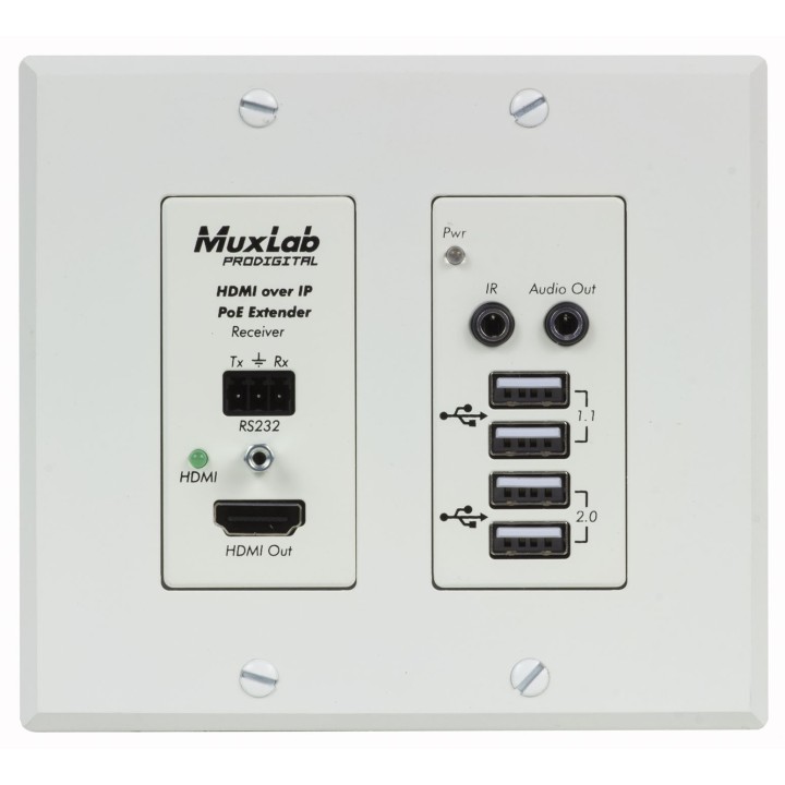 Récepteur HDMI/USB Muxlab 500777-RX-WH | IP PoE WP | UHD-4K - Blanc Muxlab
